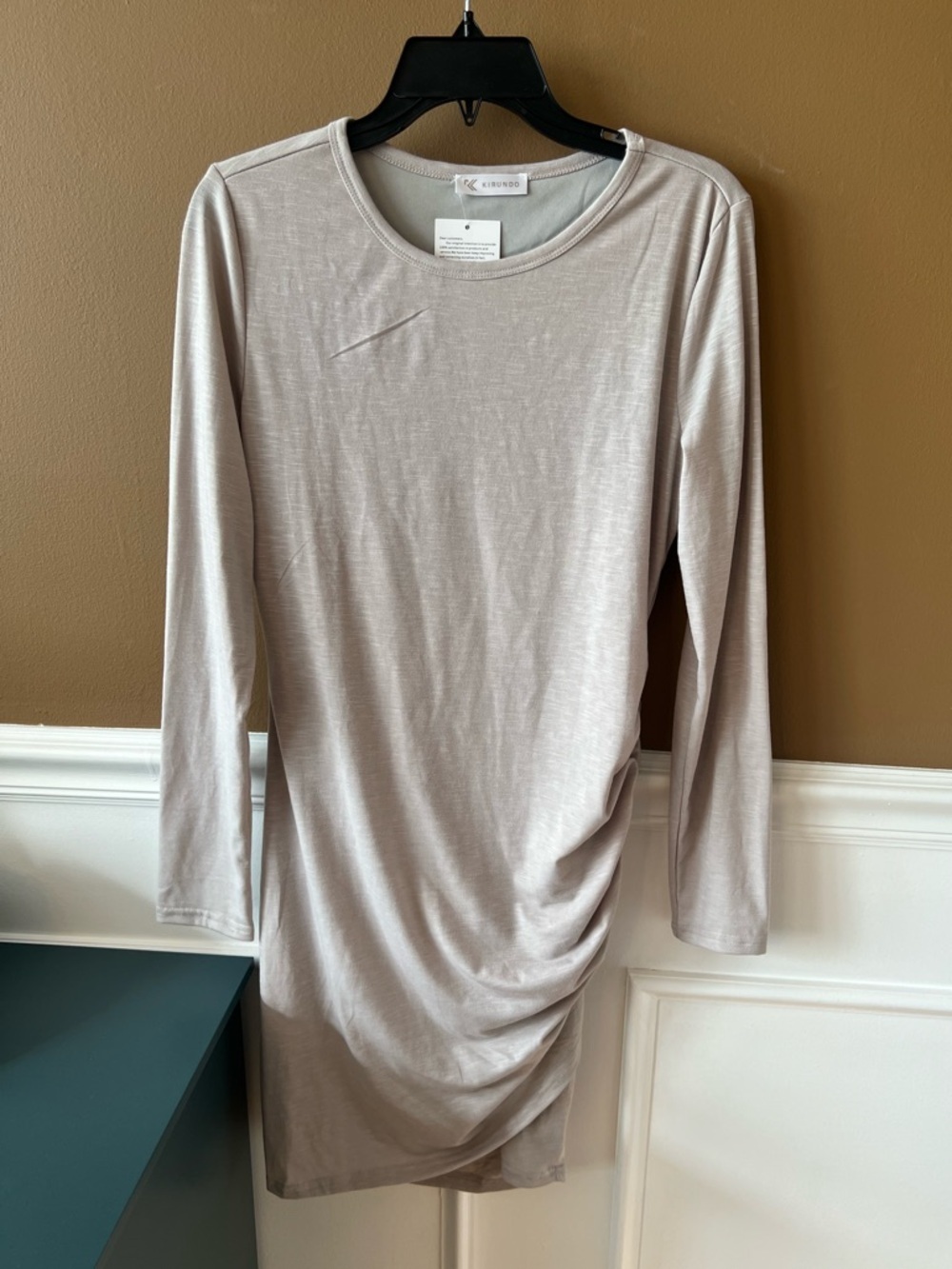 Kirundo Long Sleeve Ruched Side Dress in Light Grey Taupe Size M Casual Cocktail